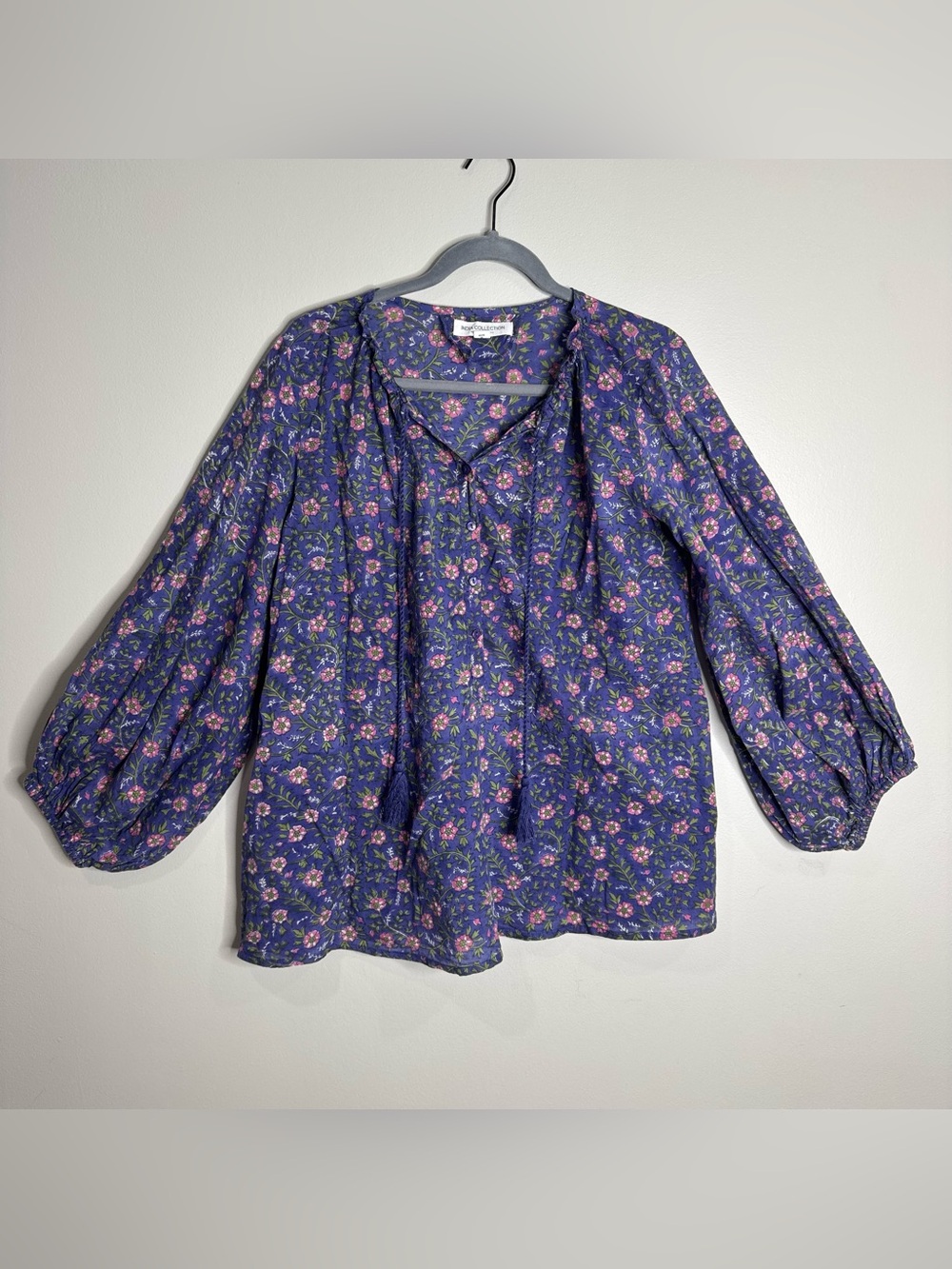 Emerson Fry India Collection Purple Floral Organic Cotton Peasant Boho Blouse M